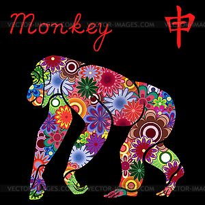 Chinese Zodiac Sign Monkey with colorful flowers - vector clip art