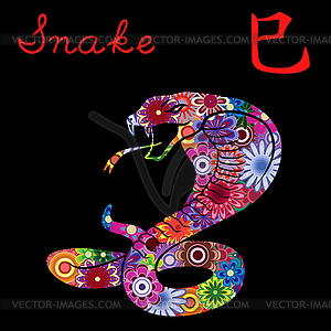 Chinese Zodiac Sign Snake with colorful flowers - vector clipart