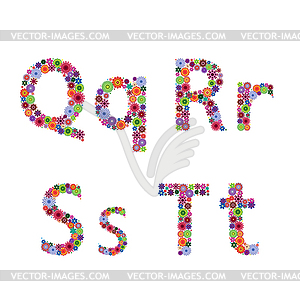 Alphabet with flowery letters Q, R, S, T - color vector clipart