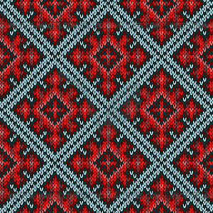 Seamless knitted pattern mainly in red and blue hues - vector clipart / vector image