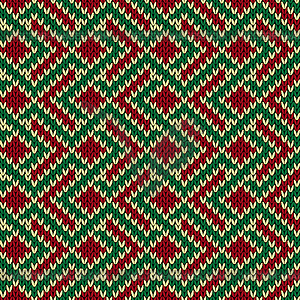 Seamless knitted pattern in red, green and beige - royalty-free vector image