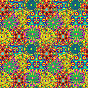 Seamless pattern with colourful geometric flowers - vector clipart