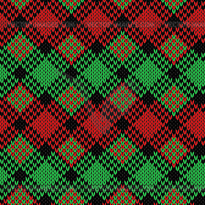 Seamless knitted pattern in black, green and red - royalty-free vector clipart
