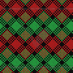 Seamless knitted pattern in black, green and red - royalty-free vector clipart