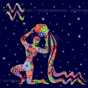 Zodiac sign Aquarius with flowers fill over starry - vector clipart