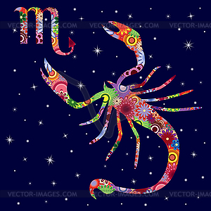 Zodiac sign Scorpio with flowers fill over starry - vector image