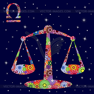 Zodiac sign Libra with flowers fill over starry sky - vector clipart