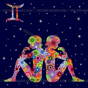 Zodiac sign Gemini with flowers fill over starry sky - vector clipart / vector image