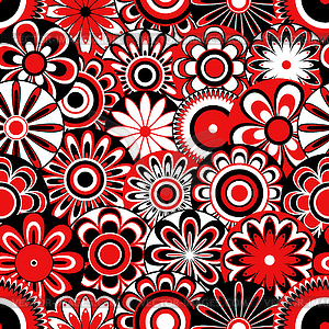 Flowers on seamless pattern in black, white and red - stock vector clipart