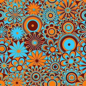 Flowers on seamless pattern in blue, orange and - vector clip art