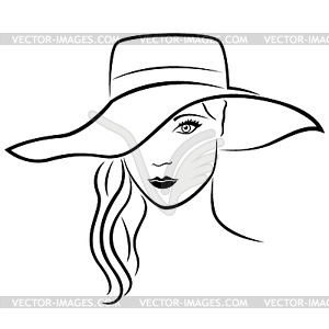 Beautiful young lady in hat outline - vector image