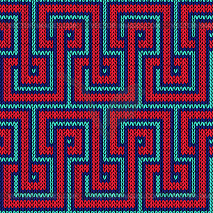 Knitting seamless pattern in red and blue hues - vector clipart