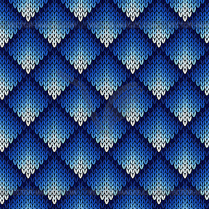 Knitting seamless geometric pattern in blue hues - vector clip art