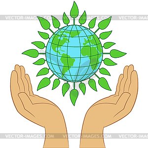 Green Earth planet in human hands - vector clipart