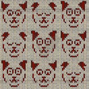 Knitting pattern with set of nine amusing cat faces - vector image