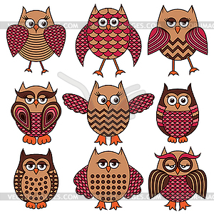 Nine cartoon funny owls - royalty-free vector clipart