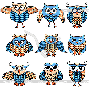 Set of nine cartoon funny owlsv - vector clip art