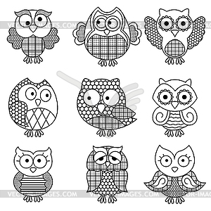 Nine amusing cartoon owl outlines - vector clipart / vector image