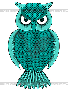 Big turquoise cartoon ornate owl - vector clipart
