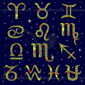 Set of thirteen zodiac signs on starry sky - vector image