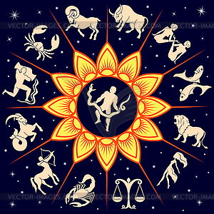 Twelve Zodiac signs around the Sun and Ophiuchus - vector clipart