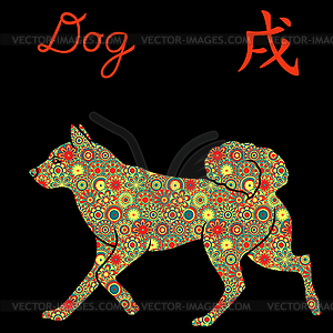 Running Dog with color flowers over black - vector clipart