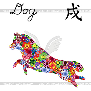 Jumping Dog with color flowers - color vector clipart