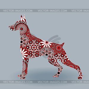 Alert Doberman Dog with stylized flowers over grey - vector image