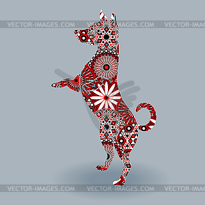 Standing Dog with stylized flowers over grey - vector image