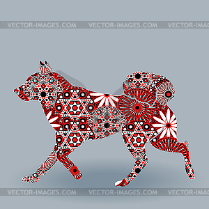 Rambling Laika Dog with stylized flowers over grey - vector clip art