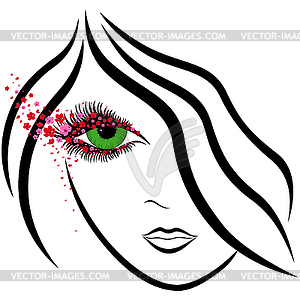 Абстрактное лицо девушки с зелеными глазами и сакура соцветием - рисунок в векторном формате