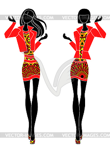 Slim stylish ladies in short ornate dresses - vector image