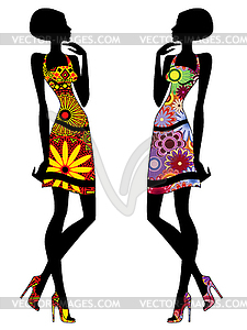 Slim stylish women in short ornate dresses - vector image
