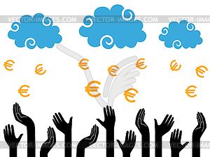 Euro Money falling of clouds in human hands - vector clip art