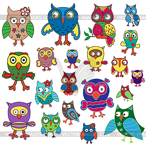 Set of twenty amusing colorful owls - vector image