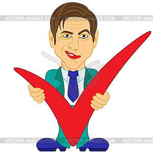 Manager holds big red check mark - vector clip art
