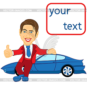 Happy man standing near blue car - vector clipart / vector image