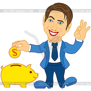 Men and yellow piggy bank - vector image