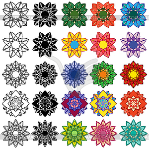 Set of black and colorful stylized flowers - vector image