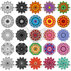 Set of black and color stylized flowers - vector clipart