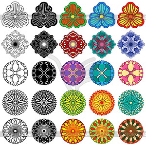 Collection of black and color stylized flowers - vector image