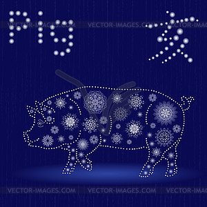 Chinese Zodiac Sign Pig in blue winter motif - vector clip art