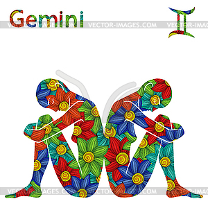 Zodiac sign Gemini with stylized flowers - vector image