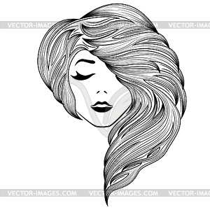 Girl with closed eye and gorgeous hair - vector image