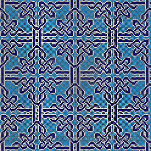 Knitted seamless blue and white ornate pattern - vector image