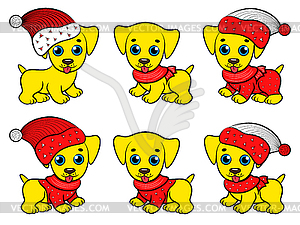 Set of six funny yellow Christmas pappies - vector clipart