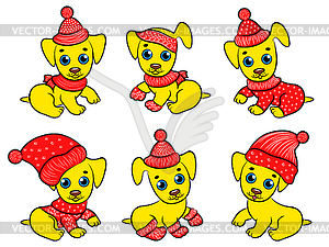 Set of six amusing yellow Xmas dogs - vector image