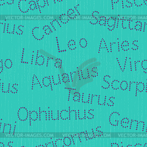 Seamless pattern with Zodiac sign inscriptions - vector image