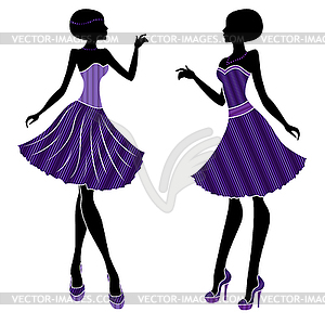 Привлекательные девушки в коротком платье и с длинными каблуками - рисунок в векторном формате