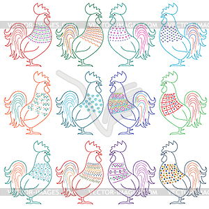 Set of amusing cartoon roosters - vector image